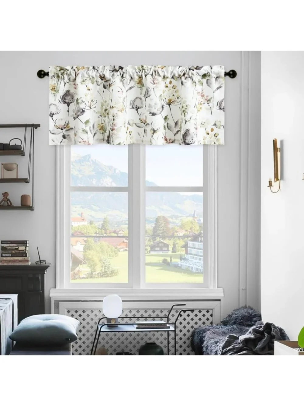Watercolor Flower Print Kitchen Valance Curtain, 52x14 Window Treatment Panel